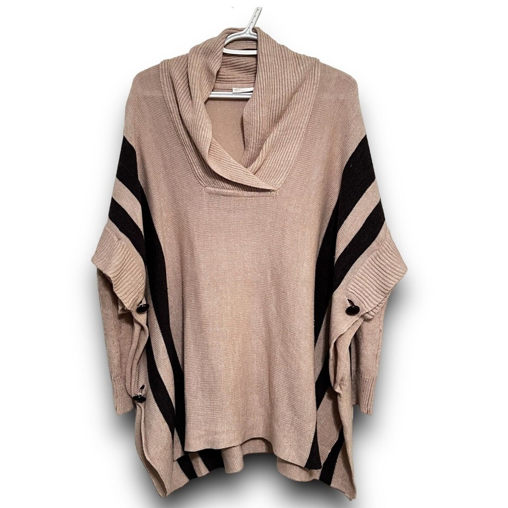 RD Style Tan Black Button Side Calandri Poncho Sweater Long Sleeve Cowl Neck Sm